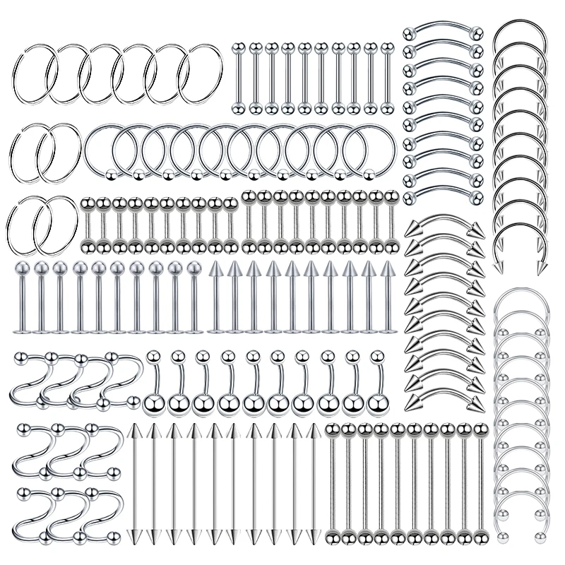 NONE 150pc chirurgischen Stahl Körper Piercing Schmuck viel Bulk Nasenring Zunge Bar viel Augenbrauen Labret Piercing Set Hufeisen Ring Lot Pack 3