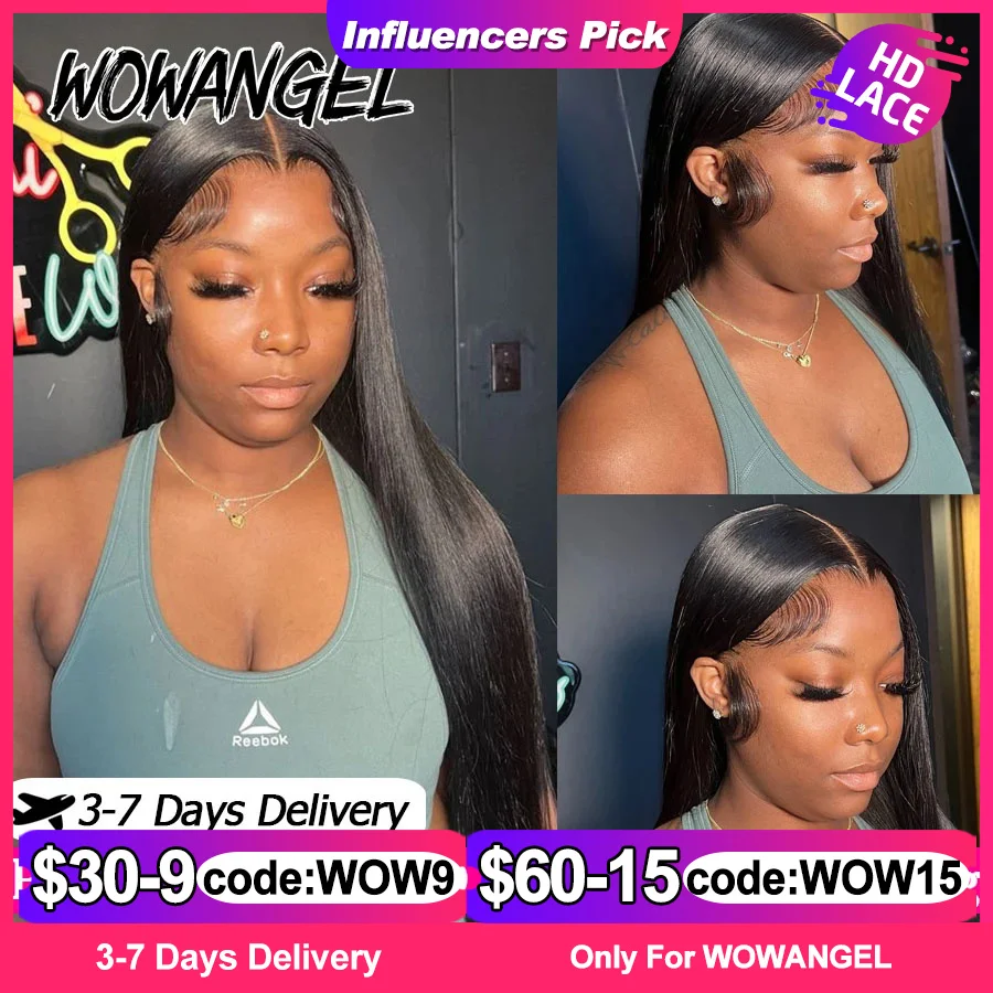 WowAngel 250% Pre Cut Lace 13x6 HD Lace Front Wigs 34in Glueless Straight Human Hair Wigs Pre Plucked Brazilian Hair For Women