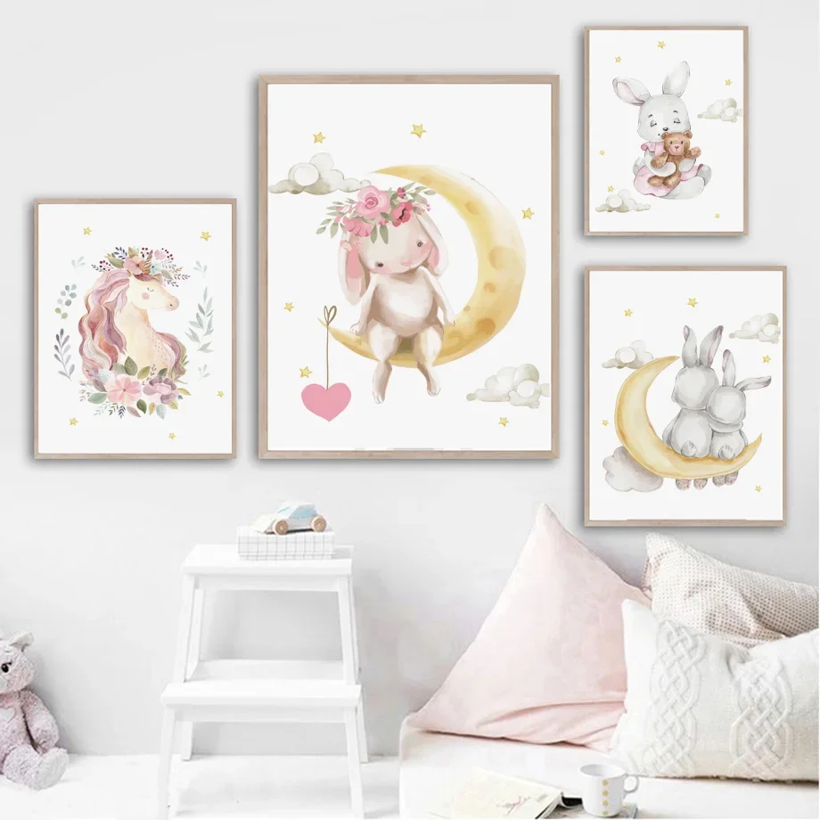 Multiple sizes 1pc frameless Canvas Painting,Watercolor Bunny Bear Canvas Poster Moon Planet Star Cloud Tent Print Personalized