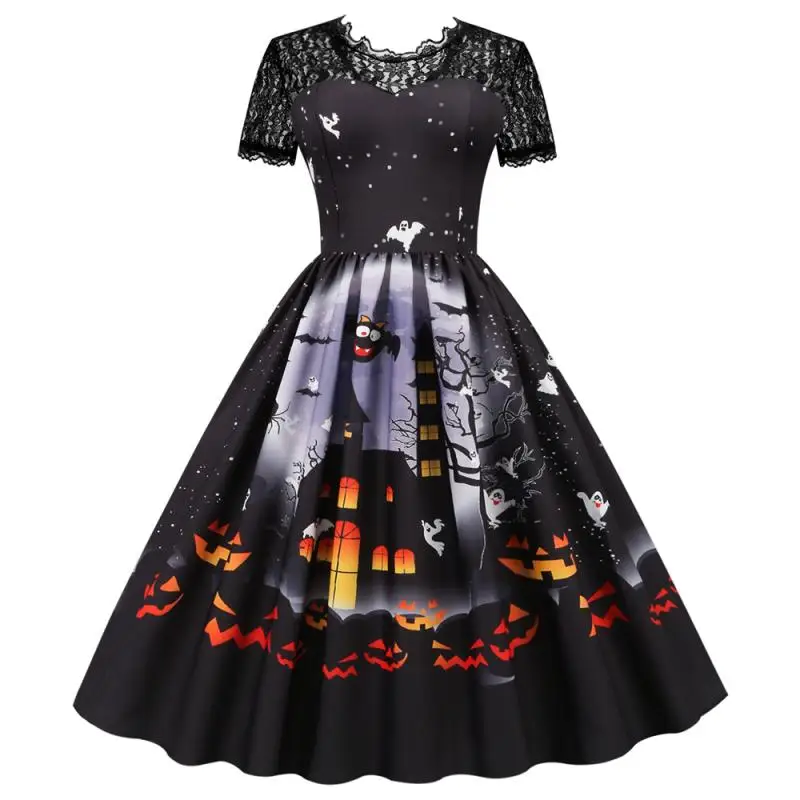 Halloween Kleid Kostüm Frauen Spitze Kurzarm Hight Taille Vintage Abend Party Prom Casual Vestidos