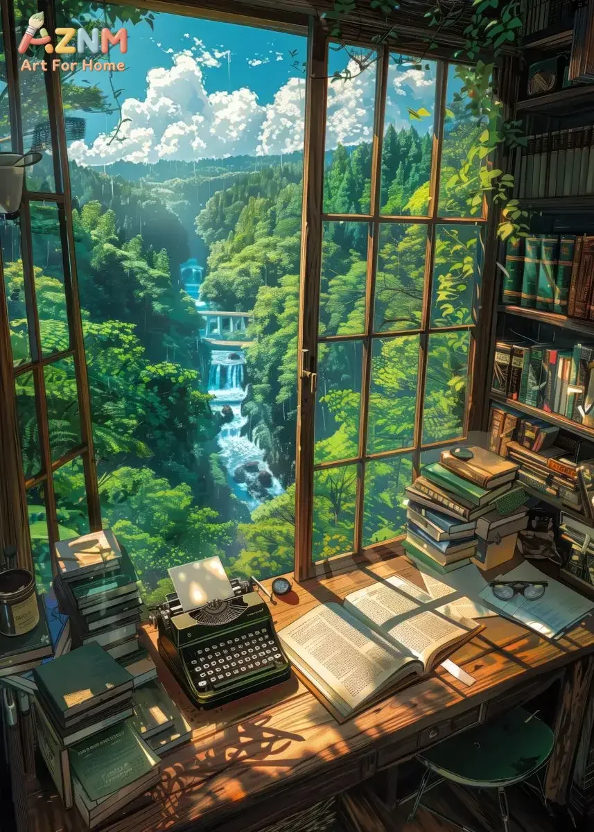 AZNM Anime Style Cozy Study Room Forest Waterfall Window View Canvas Wall Art Print Decor