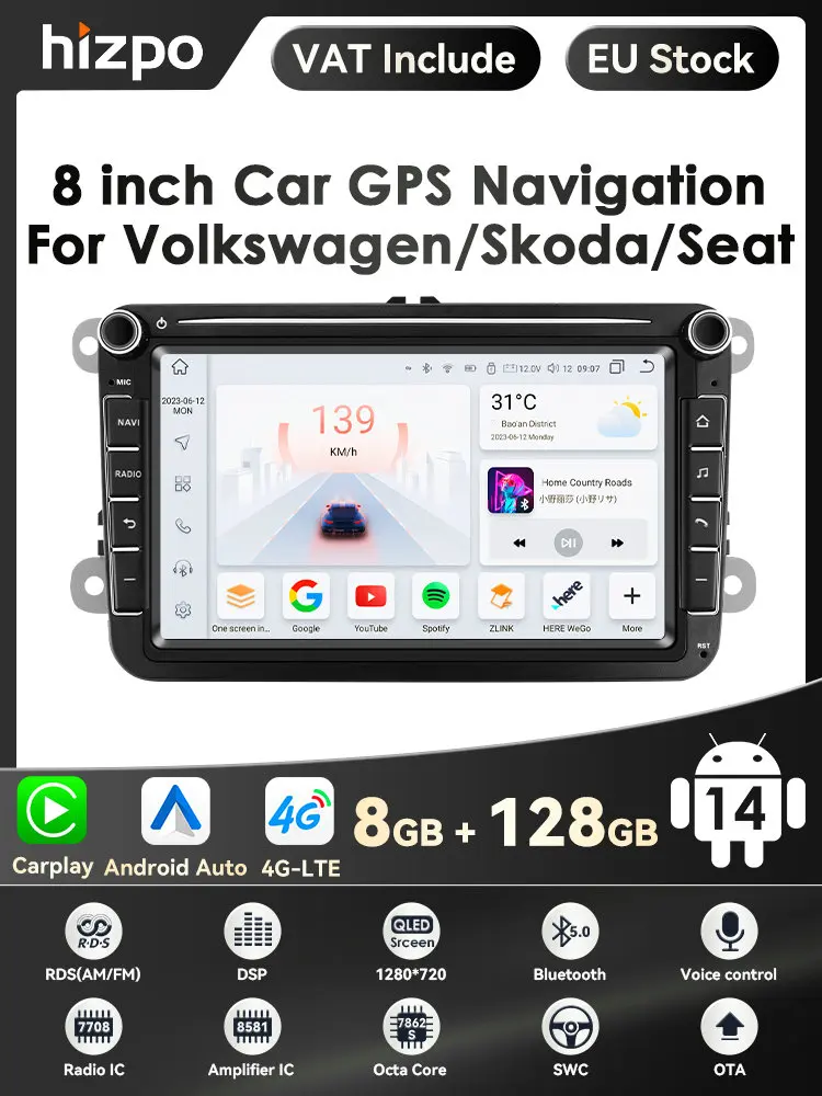 8+128G 2 DIN Android 14 Autoradio GPS Multimedia-Player für VW Volkswagen Golf Passat B7 B6 Skoda Seat Octavia Polo Tiguan Jetta