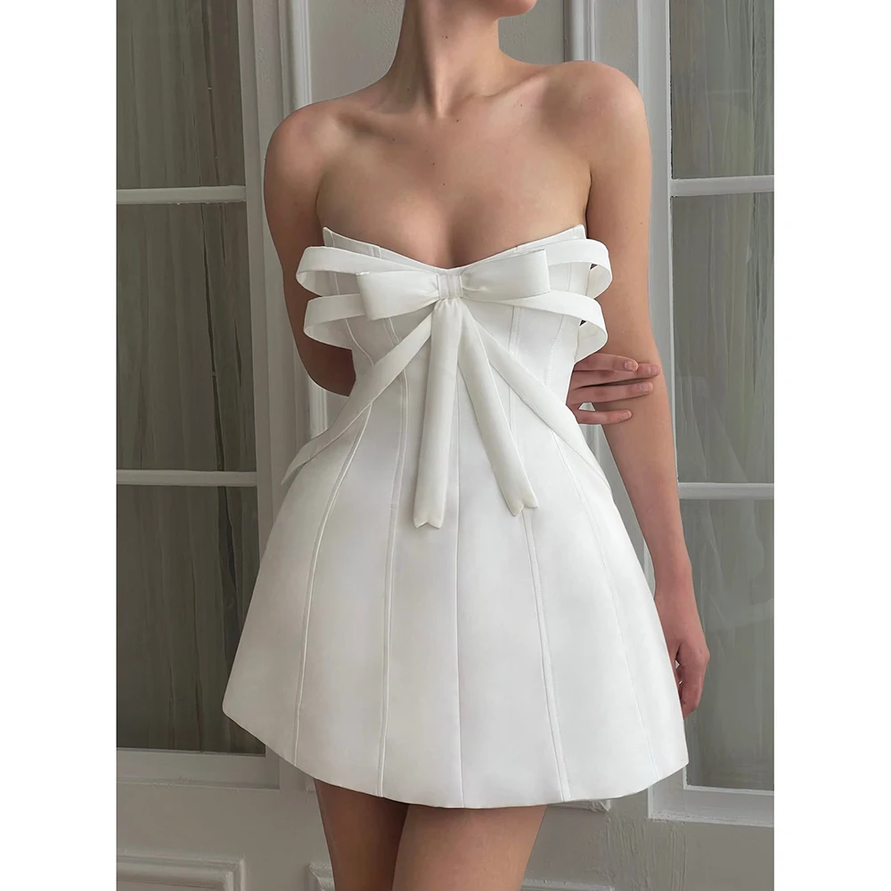 

White Bow Mini Women Dress Strapless Sleeveless Simple Birthday Gown Elegant and Pure Customized Dress for Valentine's Day