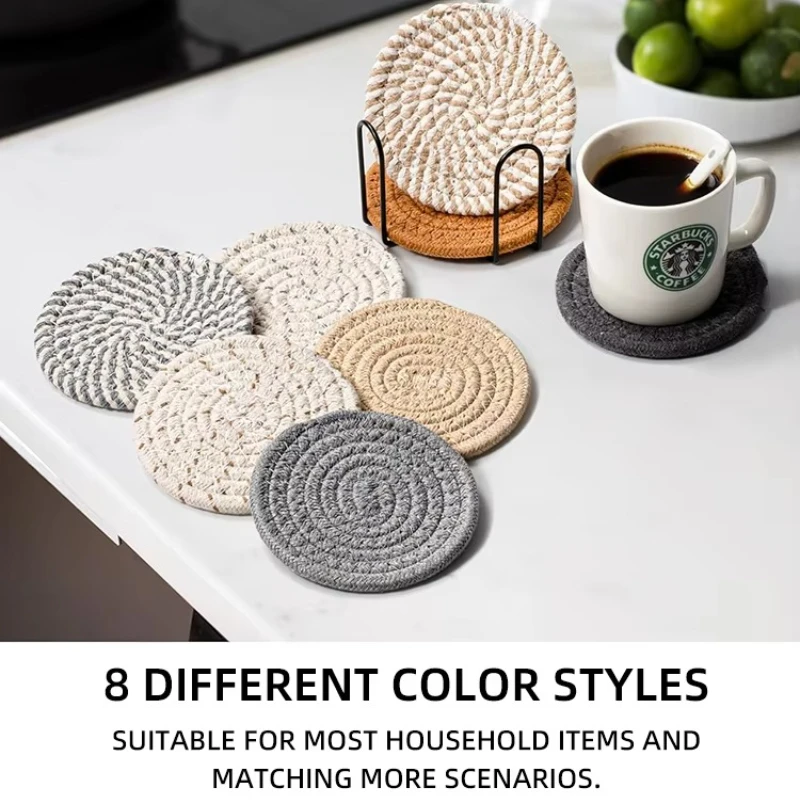 

8-Piece Classic Home Decor Cotton Woven Beverage Coaster Set with Bracket Absorbent Desktop Coaster Set