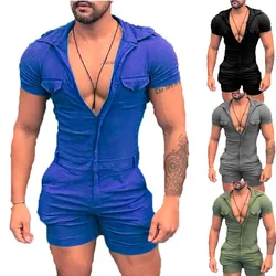 Men's Solid Color Hooded Bodysuit Zip Shorts One Piece Set