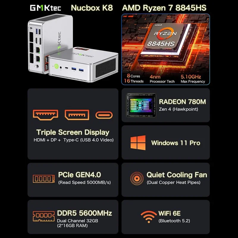 GMKtec GMK K8 Mini PC AMD R7 8845HS NUCBOX  Win11 Pro Radeon™ 780M  PCle GEN4.0*2 DDR5 5600MHz Mini Computer PC Gaming Desktop