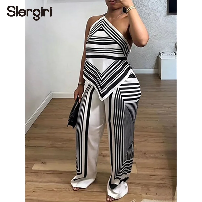 Slergiri Vintage Geo Print Asymmetrical Hem Cami Top + High Waist Wide Leg Pants Two Piece Set Women Casual Summer Outfit New