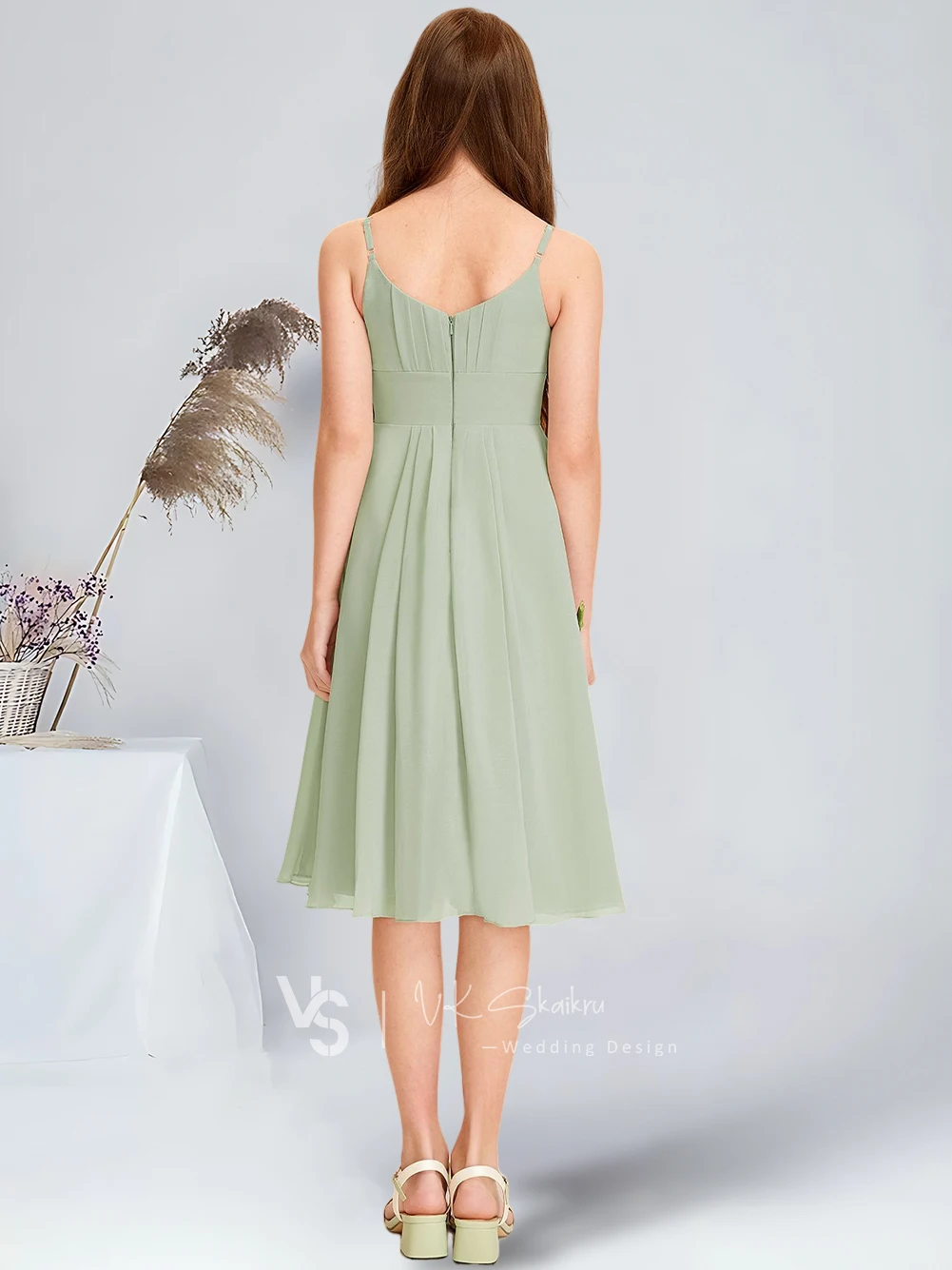 A-line Scoop Knee-Length Chiffon Junior Bridesmaid Dress Celadon Flower Girl Dress Wedding Party Communion Dresses For Teens