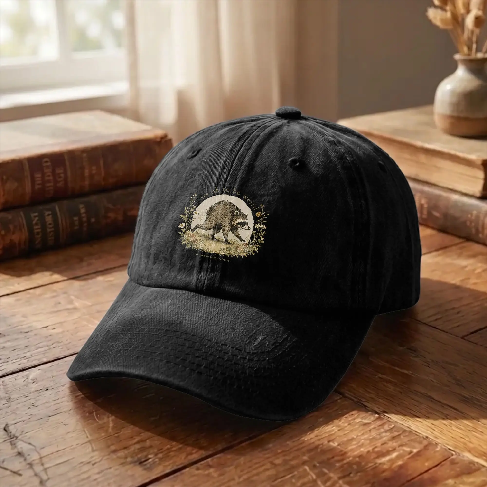 Jimothy Seattle OK to Be Weird Raccoon Baseball Caps Unstructured Cottagecore Distressed Denim Snapback Outdoor Adjustable  Hats