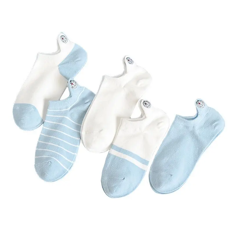 Doraemon Women Socks White Embroidery No Show Socks Cute Japanese Style Thin Cotton Low Cut Ankle Socks