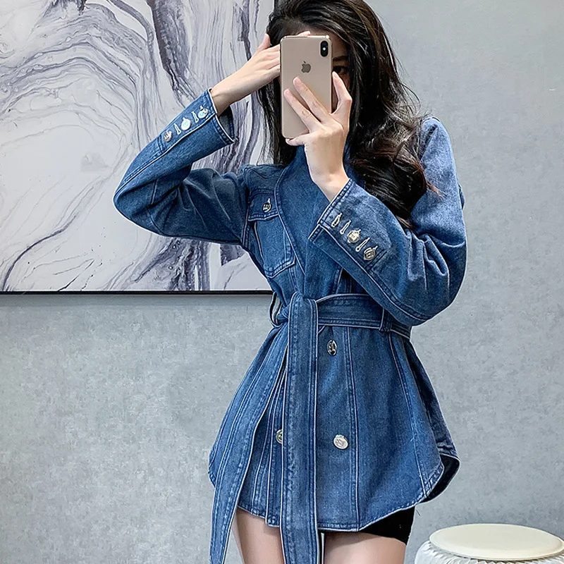 

Женский однобортный джинсовый жакет с отложным воротником, повседневный свободный однотонный кардиган с поясом, верхняя одежда