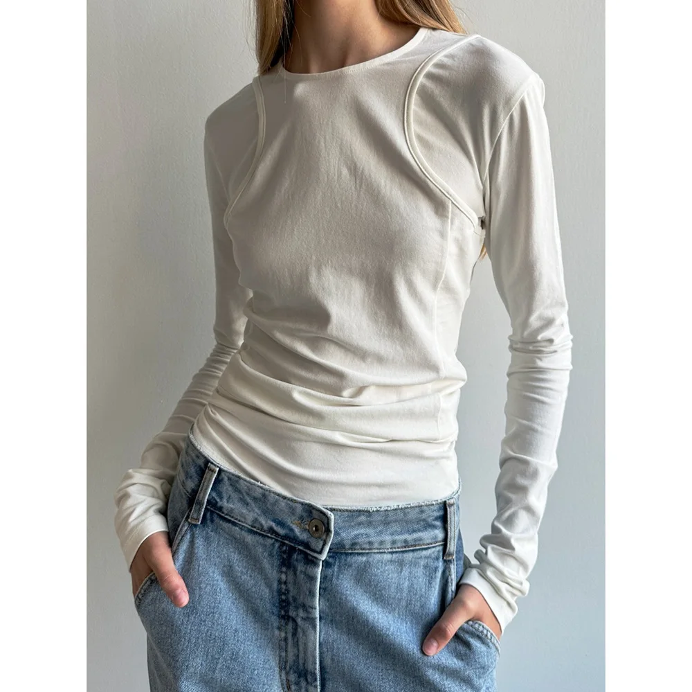 

2025 Early Autumn New Casual Slim-Fit Round Neck Pullover Top Fake Two-Piece Long-Sleeved T-Shirt For Women
