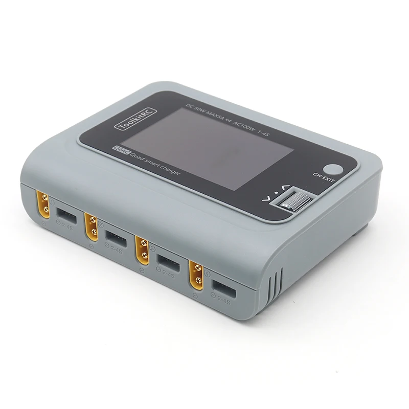 ToolkitRC New Q4AC Grey 4x50W 5A AC 100W 4 Port DC Smart Charger XT60/XT30 Optional for 1-4S Lipo Battery - XT60 XT30 With