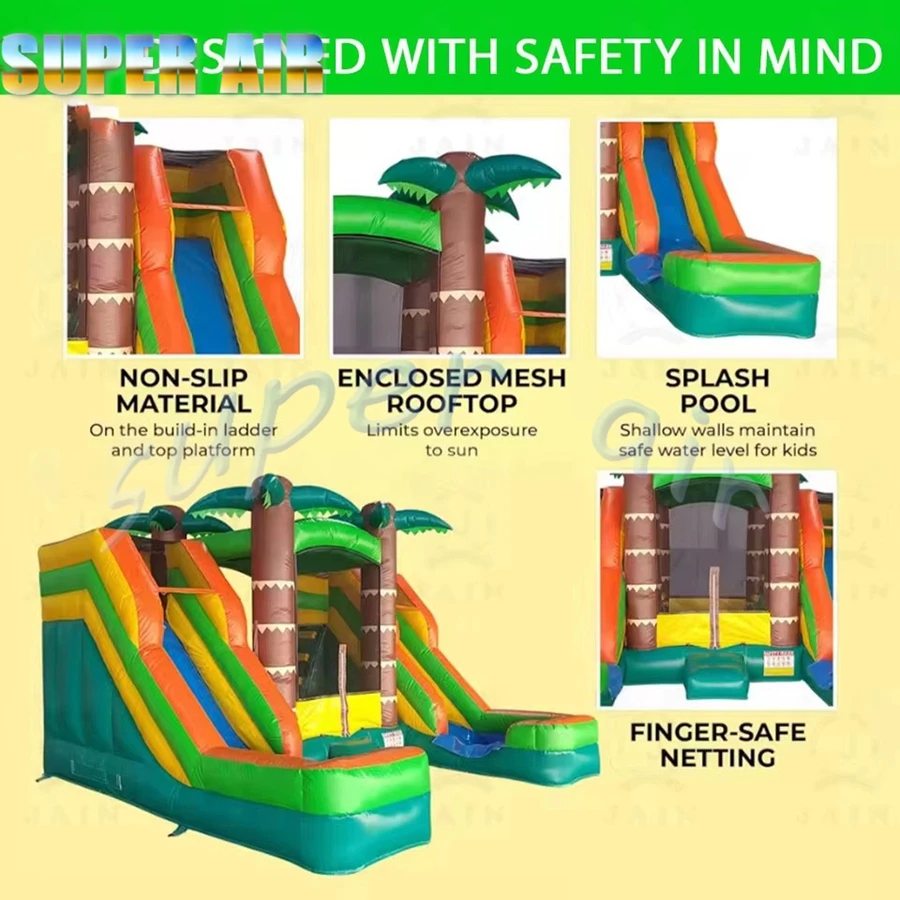 Casa de salto inflável portátil tropical dupla corrediça de água combo molhada ou seca castelo de casa inflável para aluguel de festa ao ar livre