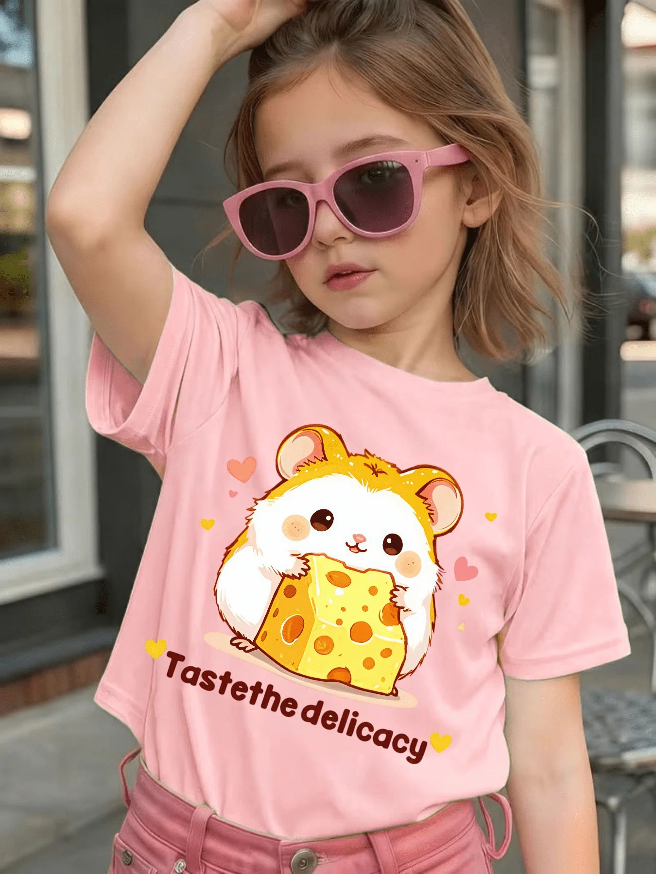 Cute Hamster Cheese Heart Cartoon Graphic Kids Tee Boys Girls Family Matching Cotton Crew Neck Short Sleeve Soft Summer Tee