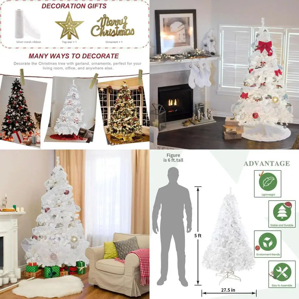 

5ft Premium White Artificial Pine Christmas Tree with Metal Stand and Decor, 460 Tips, Indoor/Outdoor