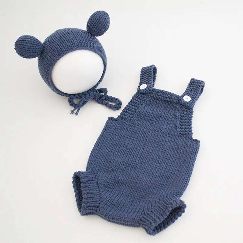 ベビーニットジャンプスーツと帽子、新生児男の子と女の子のための単色ボディスーツ、子供写真服、0-3m