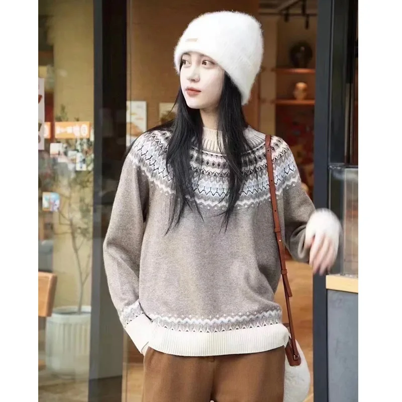 Autumn and Winter New Vintage Fairisland Jacquard Loose Crewneck Wool Blend Sweater Top