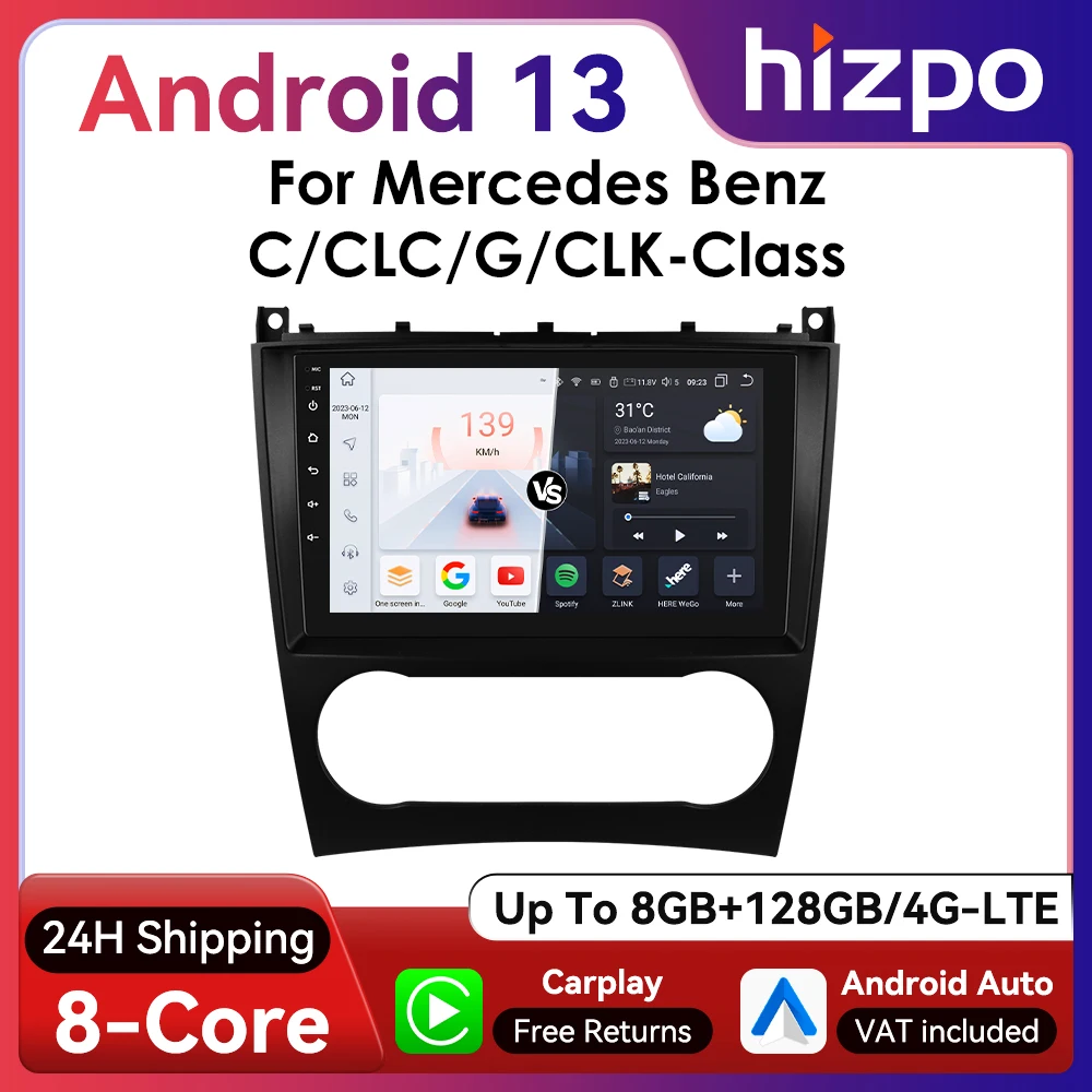 Hizpo 9inch Wireless CarPlay Android Auto Car Radio for Mercedes Benz CLC W203 C-Class C180 C200 CLK200 CLK W209 UI7862 360° CAM