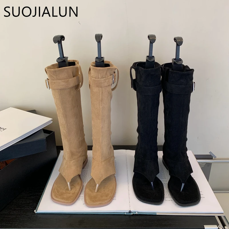 SUOJIALUN 2023 Autumn Women Loog Boot Fashion Open Toe Ladies Elegant Sandal Brand Wedge Heel Ladies Outdoor Knee High Boots