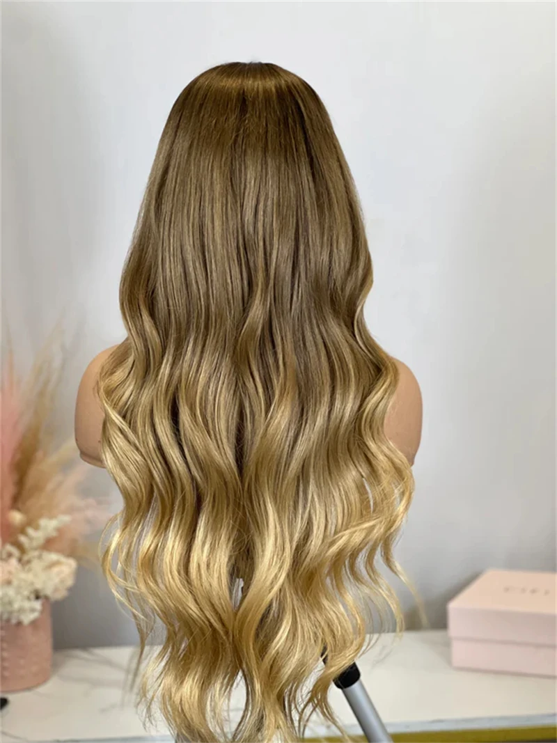 الاصطناعية الدانتيل أمامي الرماد البني مع أشقر فاتح يسلط الضوء على Balayage نظرة 24 بوصة موجات المال قطعة شعر مستعار طبيعي تأثيري