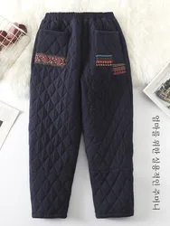 Thiened Pure Cotton Winter Trousers for ly Women andmother Casual High Waist Straight Leg Cotton Filled Long Pants