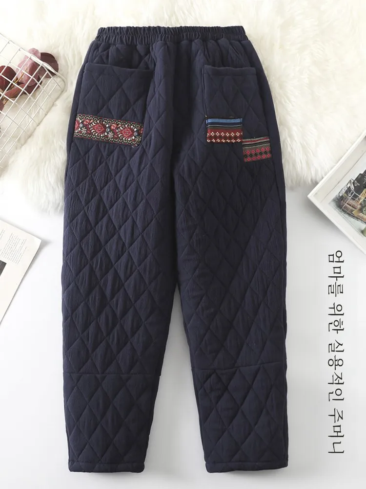 보온 바지 중년 여성 팬츠 캐주얼 두꺼운 두툼한 순면 면 두툼한 보온 캐주얼 편안한 높은 허리 밴딩 바지 팬츠 바지 