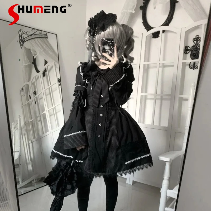 

Japanese Rojita Single-Breasted Slim Fit OP Dress Gothic Lolita Black White Striped Dark Style Short Sleeves Long Sleeve Dresses