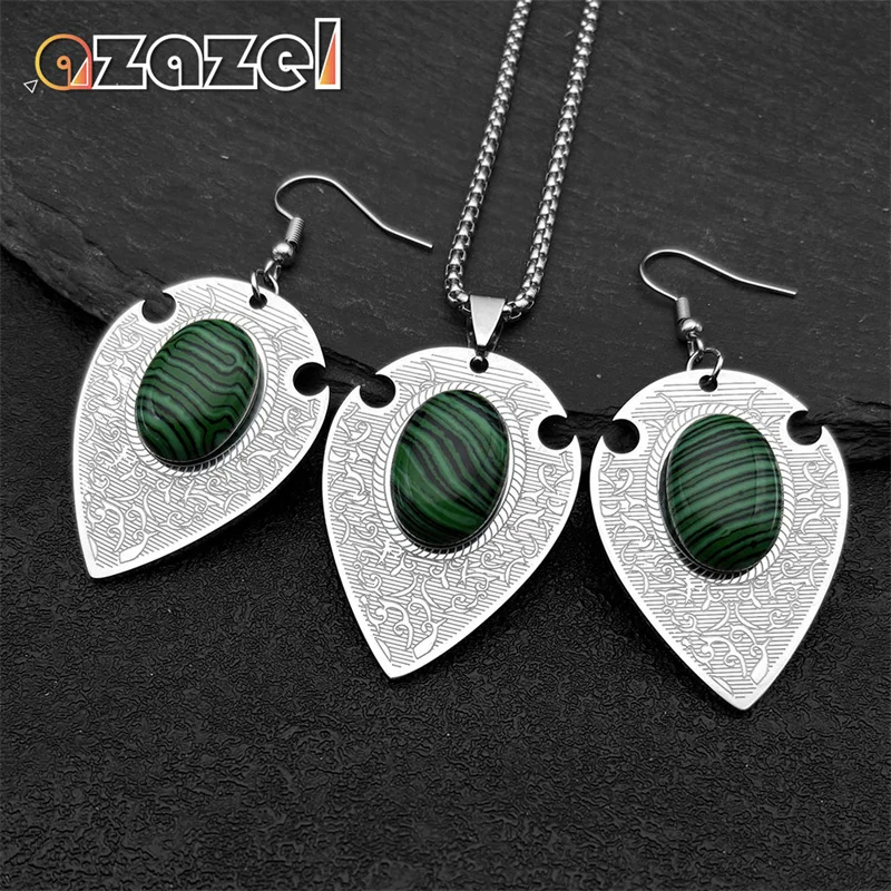 

Stainless Steel Boho Malachite Stone Pendant Necklaces Earrings for Women Men Silver Color Water Drop Shaped Jewelry Set