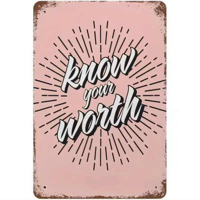 Vintage Pink Know Your Worth Metal Tin Sign - Retro Burst Design Wall Art, Iron Material, Motivational Decor for Bedroom, Office