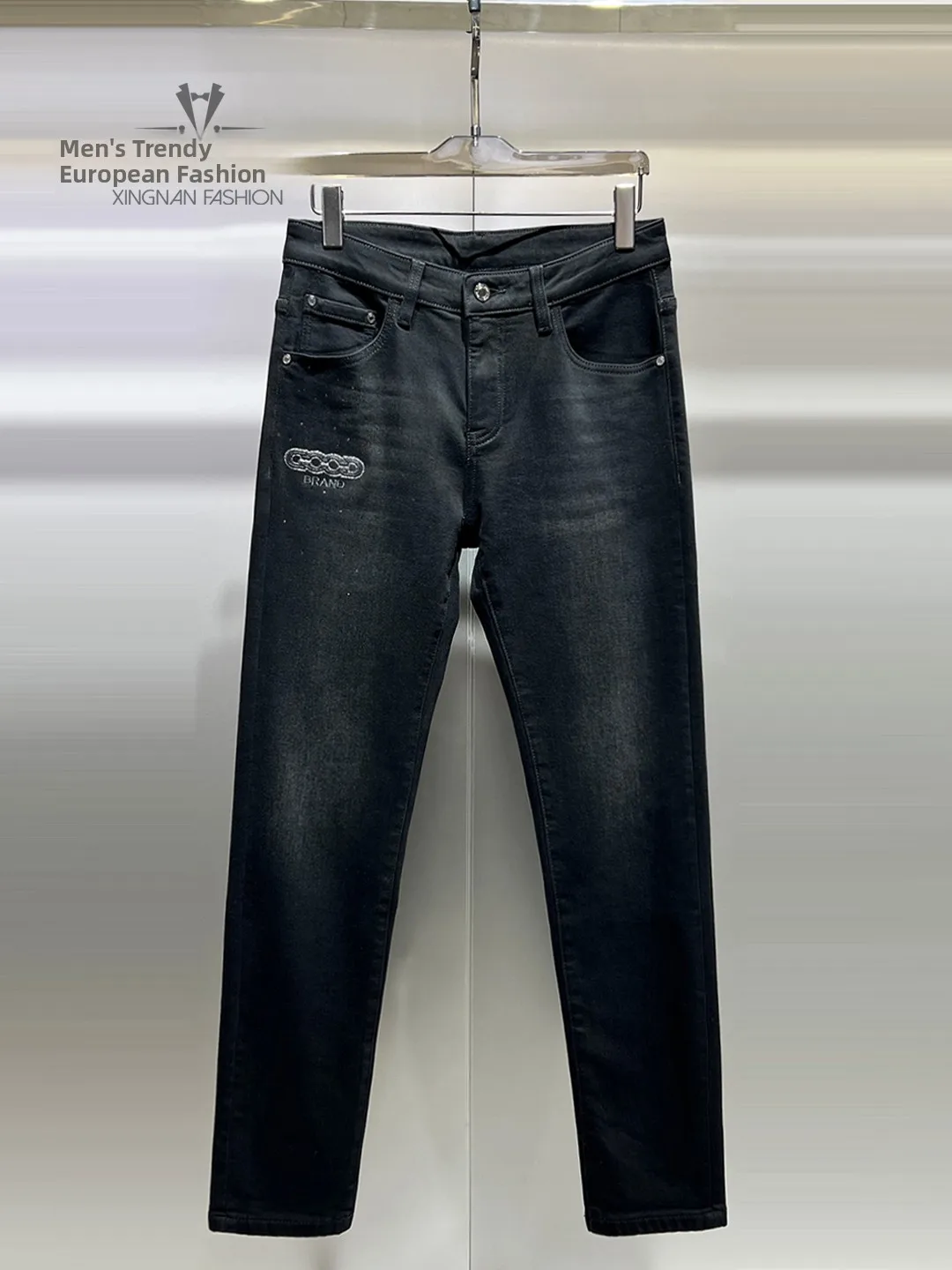 

Мужские джинсы слим-фит на флисовой подкладке, с вышивкой в виде ромбов, зимние, теплые, зауженные, молодежные, модные, с эффектом потертости