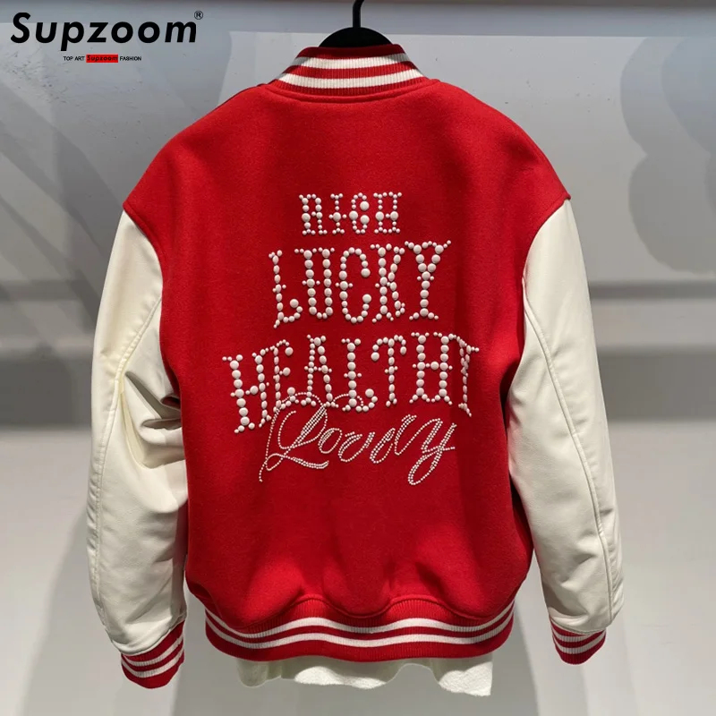 Supzoom New Arrival Top Fashion Autumn Loose Teenagers Preppy Style Rib Sleeve Short Sequins High Street Baseball Jacket Men