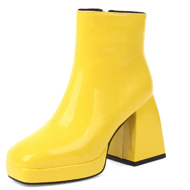 Patent Women\'s Ankle Boots Red White Black Block Heels Short Boot Female Zipper Autumn Winter Party Shoes Ladies Large Size 45