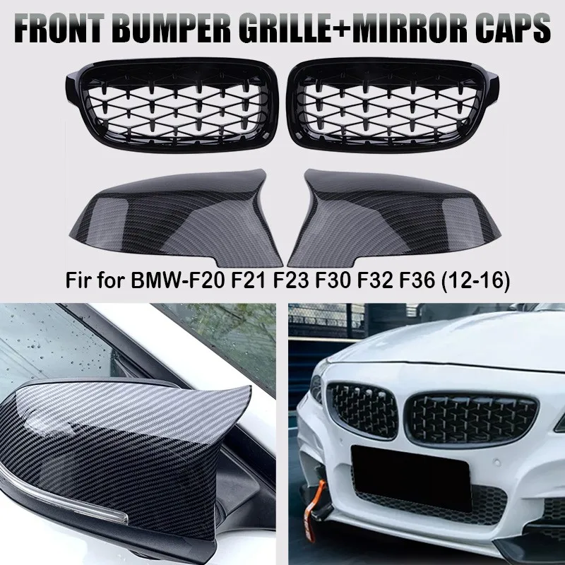 4PCS Set Carbon Fiber Car Front Bumper Kidney Grill Grille+Rearview Mirror Cover Caps For BMW F30 330i 328i 2012-2018