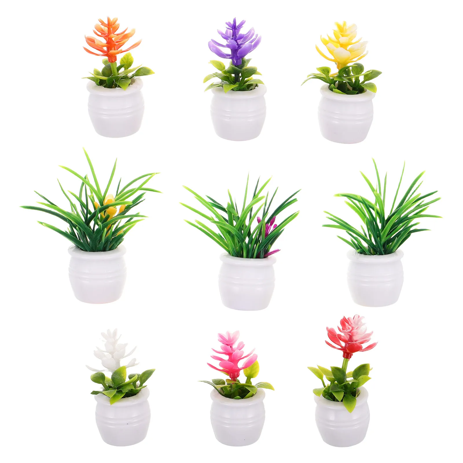 9Pcs Mini Potted Plants Colorful Plastic Flower Pots Set Miniature Landscape Decoration for Shelf Desk Office Bedroom Dollhouse