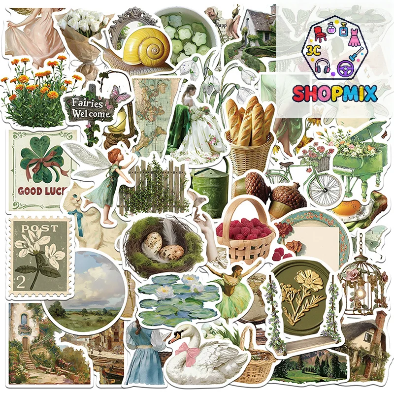 

50PCS DIY Decoration Scrapbooking School Supplies Vintage Rural Life PVC Sticky Sticker Aesthetic Children's Stationery