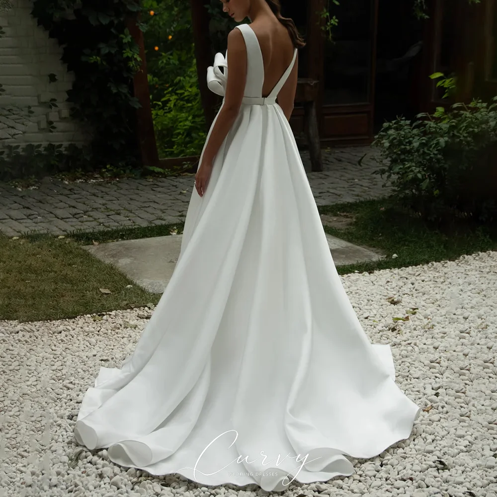 Curvy Outdoor Bridal  Customized A-Line Wedding Dress Sleeveless 2026 Boat Neck Waist Big Bow Detail Front High Slit