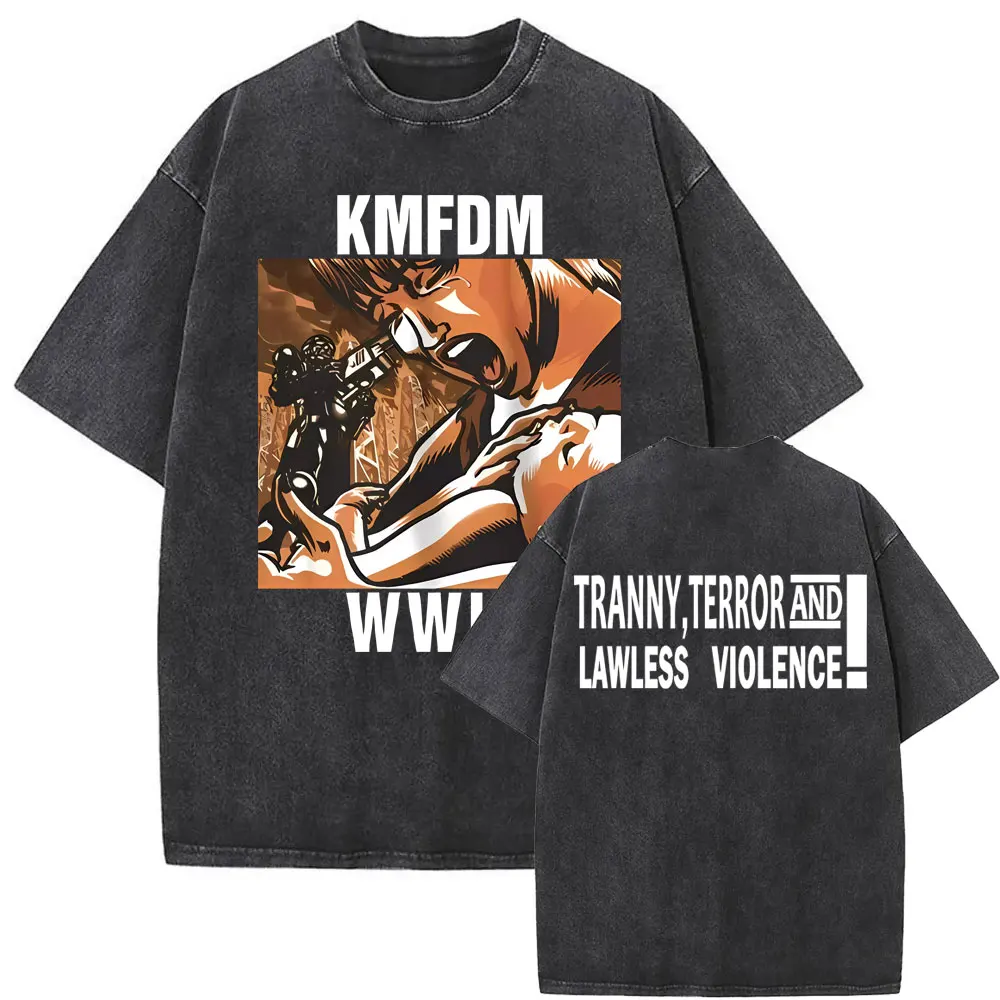 Washed Vintage Hardcore Alternative Rock Kmfdm More and Faster Rip The System Print T-shirts Men Women Casual Oversized T Shirts