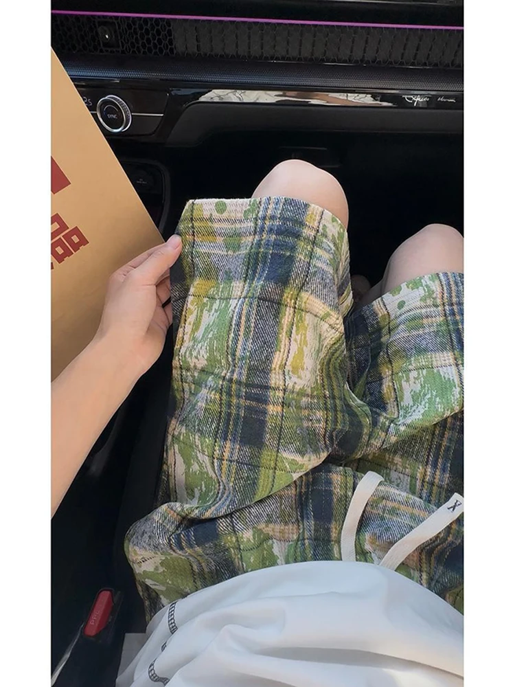 

een Plaid Dyed Men's orts Summer Trendy American Retro Outdoor Casual Sports Four-Five Length Pants Loose Straight Leg