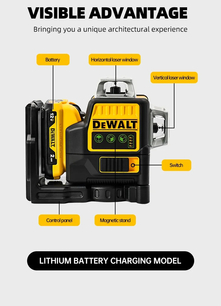 

DEWALT Laser Level DW089LG 3 Sides*360 Degree Vertical Lines Laser Level Meter Outdoor 12V Lithium Battery Horizontal Green Ligh