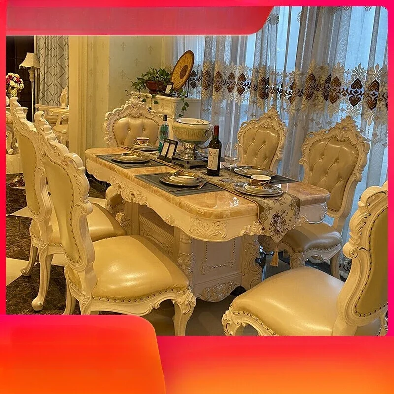 

Marble dining table storage rectangular solid wood carving flower natural dining room one table chairs combination