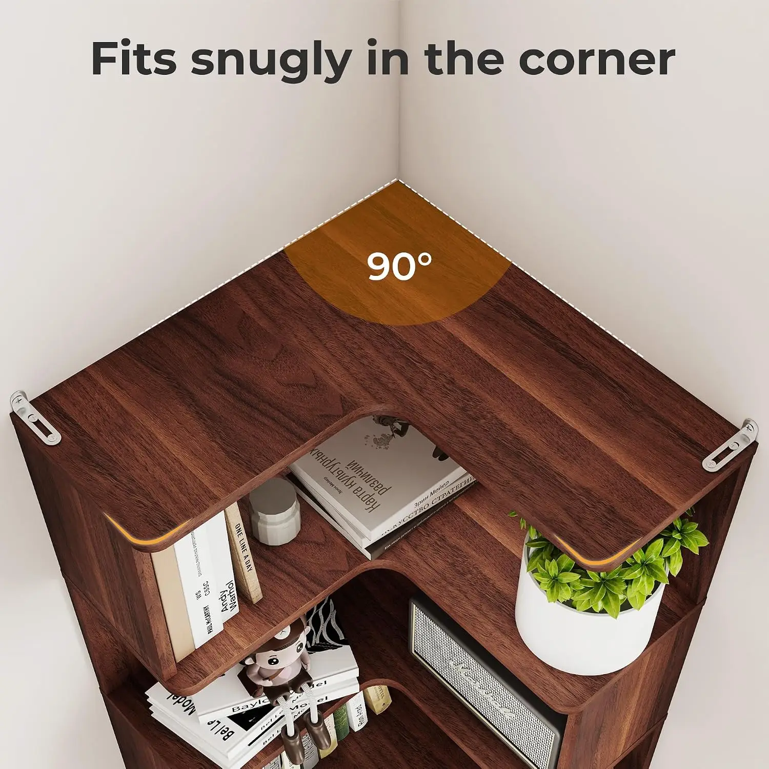 6-Tier L-Shaped Corner Bookshelf, 63" Tall Freestanding Wood Grain Corner Bookcase with Safety Baffle, Space-Saving Corner Shelf