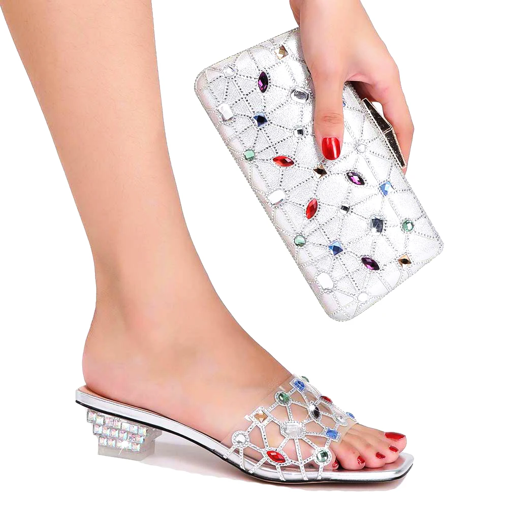 Nigeria Wedding Shoes And Bags New Italian Design Africa Low Transparent Heel Party Crystal Shoes Portable Straddle Dinner Bag