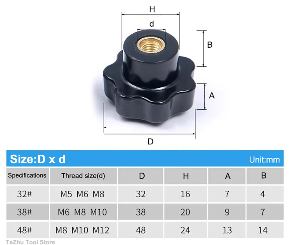 M4 M5 M6 M8 M10 M12 M14 M16 Plum Hand Tighten Nuts Handle Thread Star Mechanical Black Clamping Knob Thumb Nuts Bline Hole