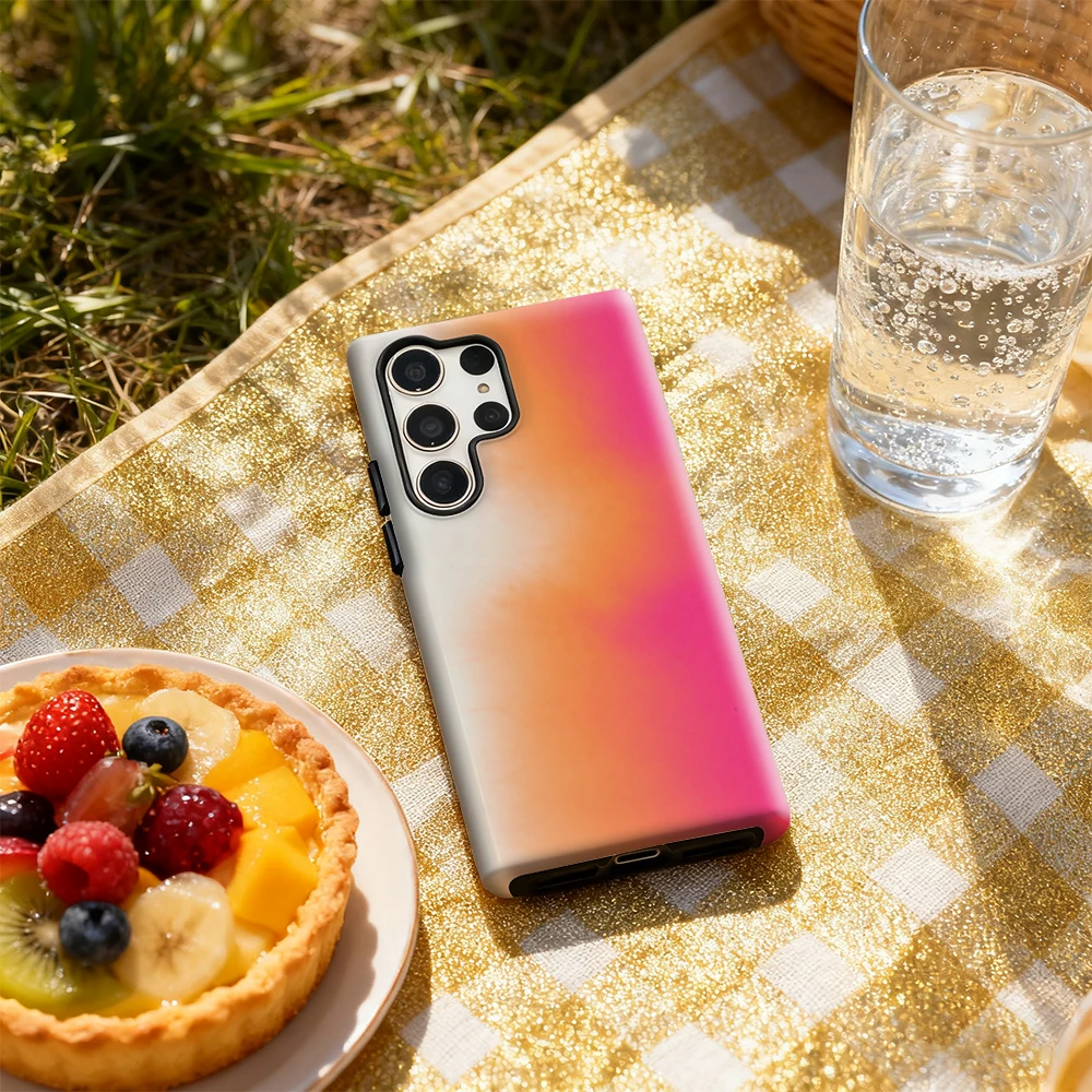 حافظة هاتف متدرجة باللون الوردي - لهاتف سامسونج جالاكسي S25 Ultra S24 S23 Ultra Plus غطاء خلفي لامع بطبقة مزدوجة