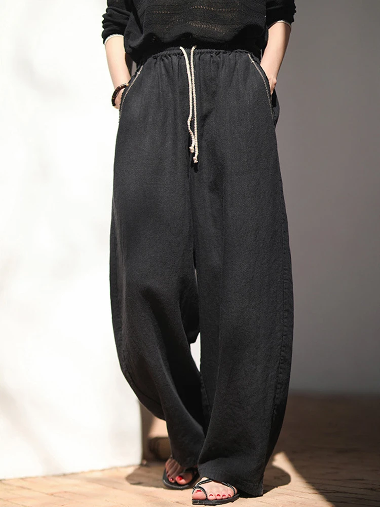 

100% Linen Women Casual Trousers New Arrival 2025 Spring Vintage Style Black Color Loose High Waist Female Straight Pants M1407