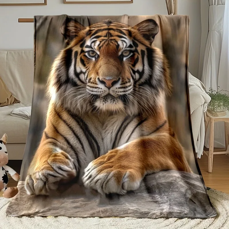 1pc Tiger Lying Down Blanket Lightweight Flannel Throw Realistic Tiger Print Soft Warm All Season Cozy Blanket Sofa