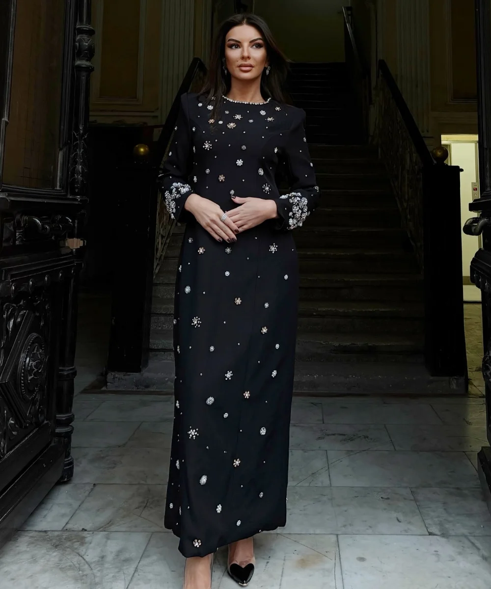 

Customized Intricate Jersey Pleat Sequined Pattern Straight O-Neck Long Evening Dresses Luxury 2025 Elegant