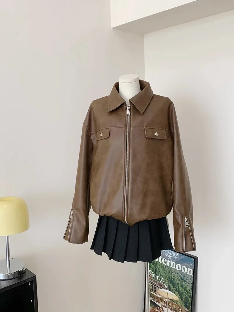 Manteau en cuir à fermeture éclair pour femme, style Y2K, rue vintage américaine, revers pour femme, mode rétro, rue haute