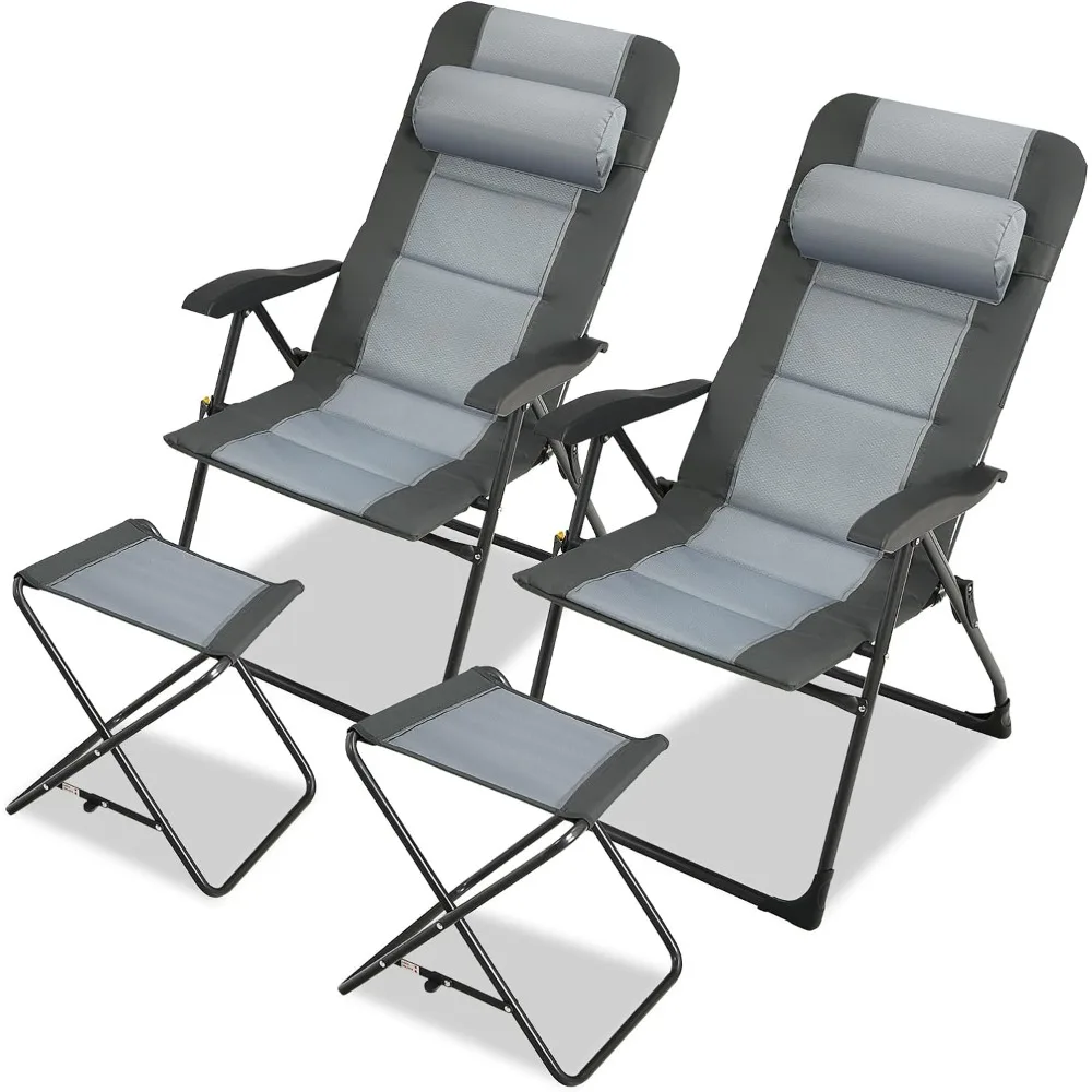 Outdoor chair Set of 2 with Backrest, Armrest and Detachable Headrest & Back Pocket, Beach Chairs